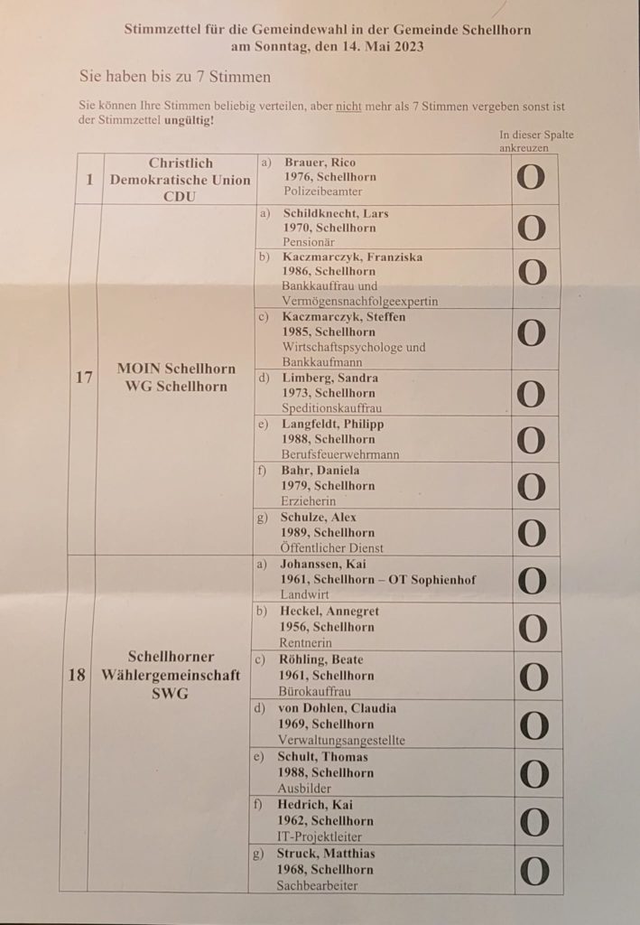 Stimmzettel 2023 Gemeinde Schellhorn